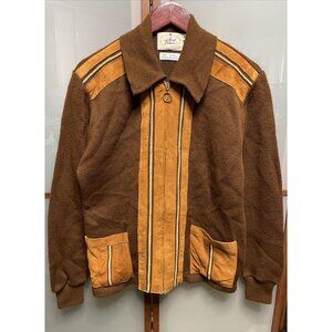 Lord James Vintage Brown Striped Suede Trim Mens Full Zip Cardigan Sweater Sz M